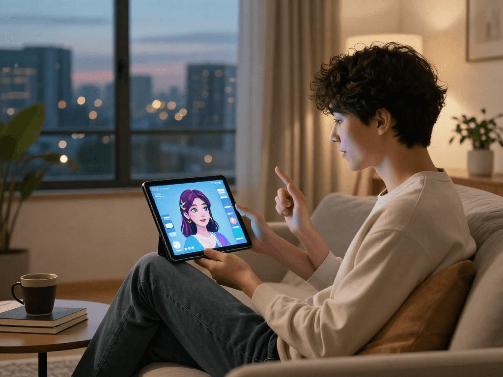 Engaging scene of a young person interacting with their AI girlfriend in a cozy living room.
