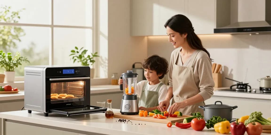 Family cooking with AI cooking gadgets in a modern kitchen, showcasing smart oven and blender.