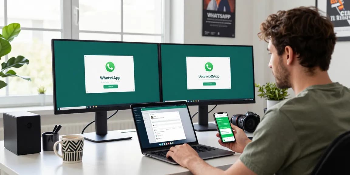 Downloading WhatsApp下載 in a modern tech workspace with dual monitors and a relaxed atmosphere.