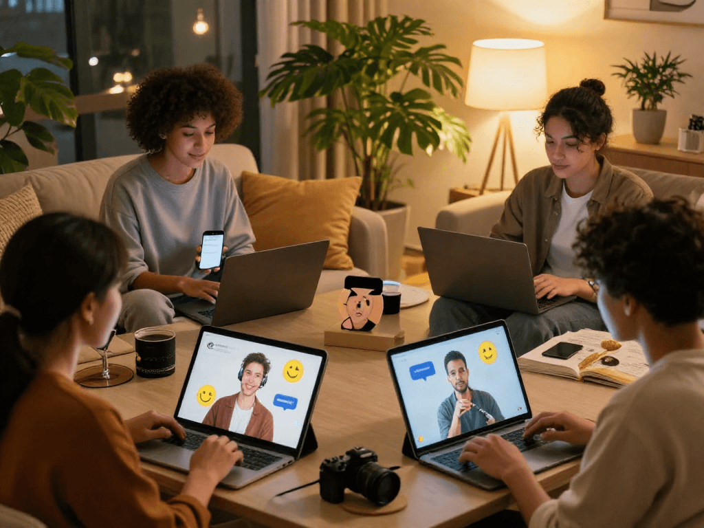 People engaging in sex chat ai conversations, showcasing diverse digital interactions in a cozy setting.