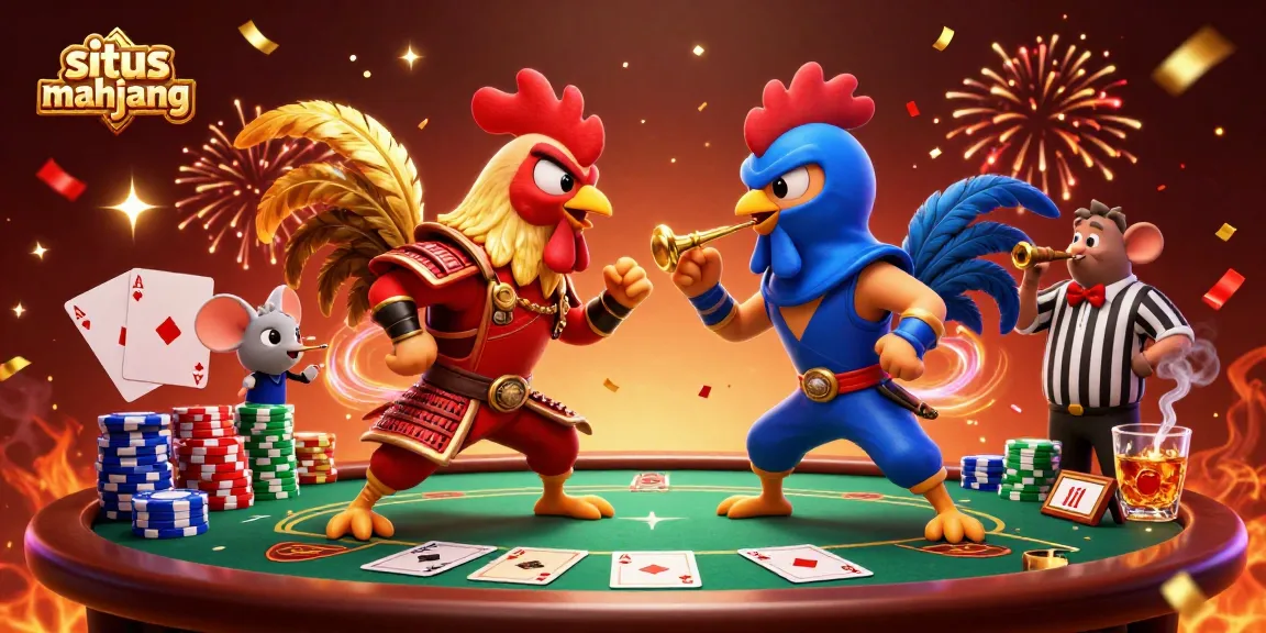 Engage in situs mahjong action with a dramatic standoff between samurai and ninja roosters on a poker table.