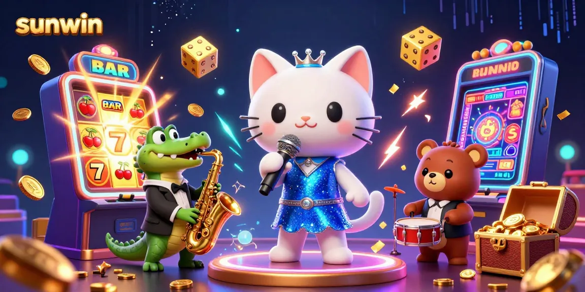 Spin to win big at sunwin with a colorful casino illustration featuring dynamic characters and exciting gaming elements.