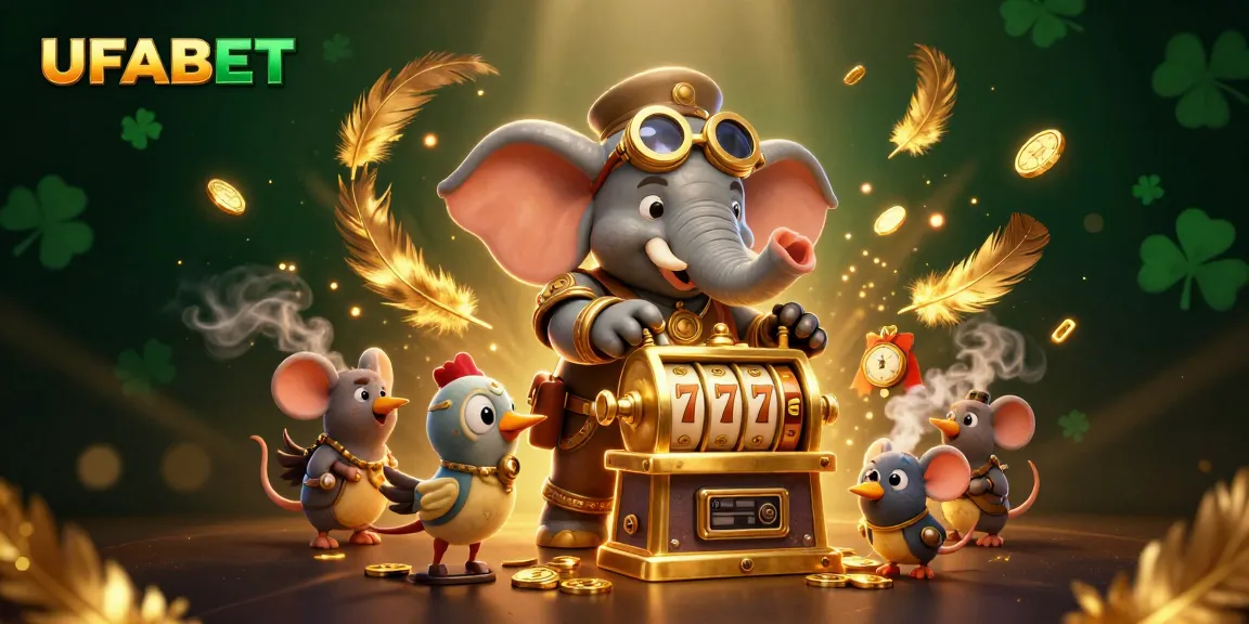 Play exciting slot games with UFABET, featuring a steampunk elephant and magical gold elements.