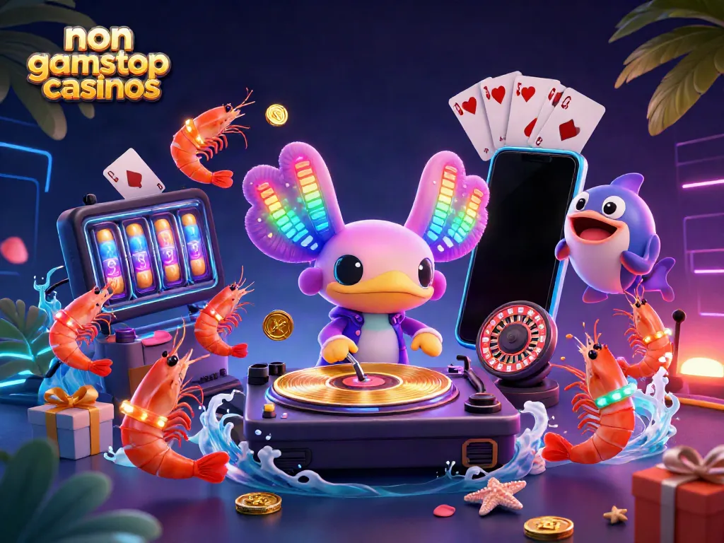 Engage with non gamstop casinos featuring colorful slot games, characters dancing, and dynamic casino elements.