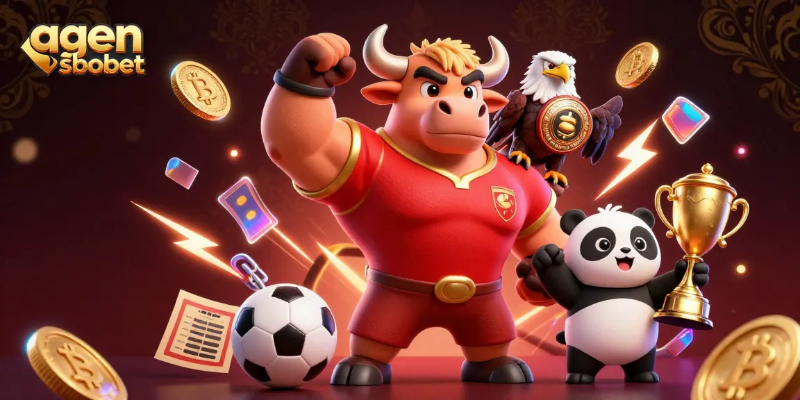 Agen sbobet showcases sports betting excitement with a dynamic 3D mascot, eagle, and panda celebrating wins.
