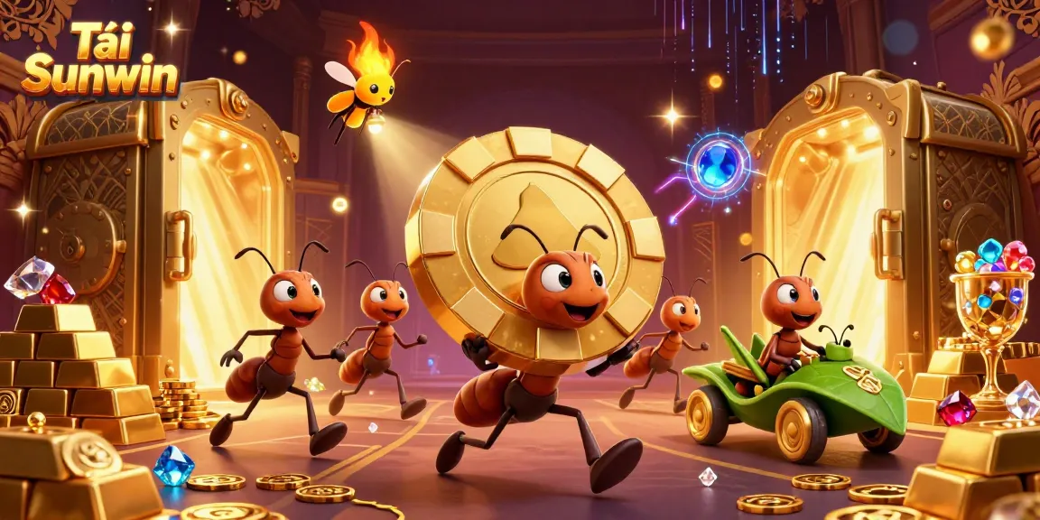 Tải Sunwin with a 3D team of ants joyfully running a casino heist, surrounded by sparkling treasures.