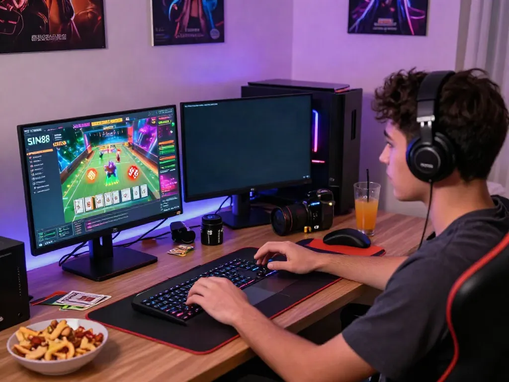 Player engaging with http://sin88-onl.com/ on a vibrant gaming laptop.