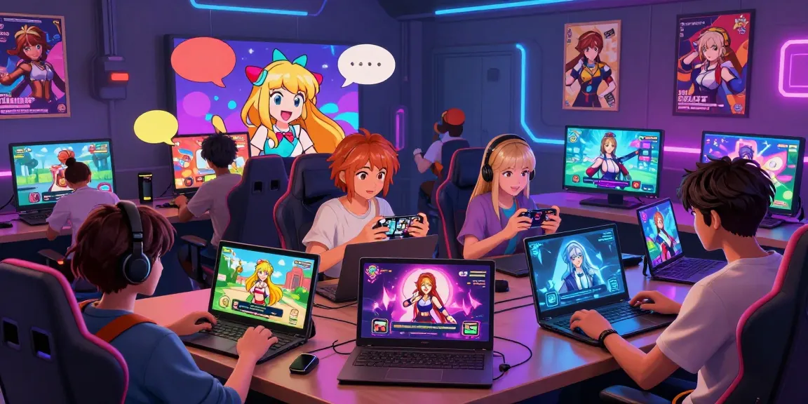 Players enjoying ero game experiences through animated character interactions and multiple devices in a vibrant digital lounge.