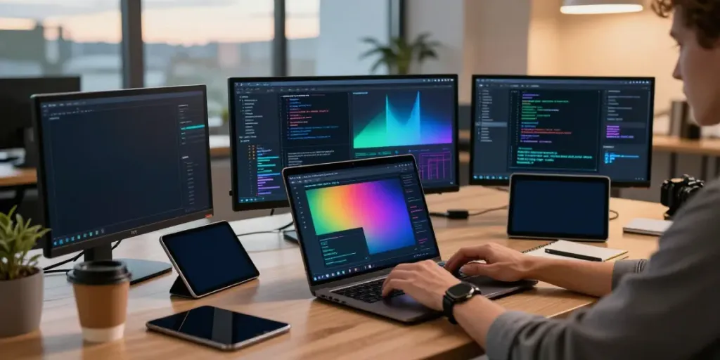 Professional using tech for instant indexing at a modern office.