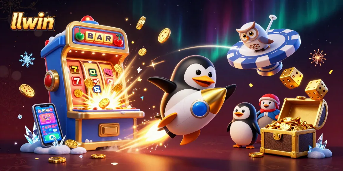 Experience the excitement of llwin with a golden penguin rocketing towards a vibrant casino space station.