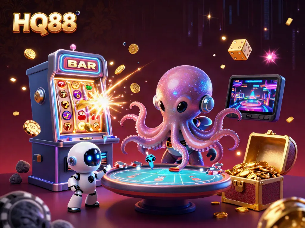 Experience the excitement at HQ88 with a colorful alien casino scene, featuring vibrant gaming elements and characters.