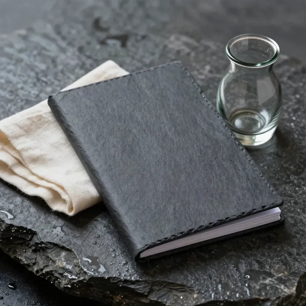 Slate booklet against wet basalt with linen cloth and a small glass vessel in mist.