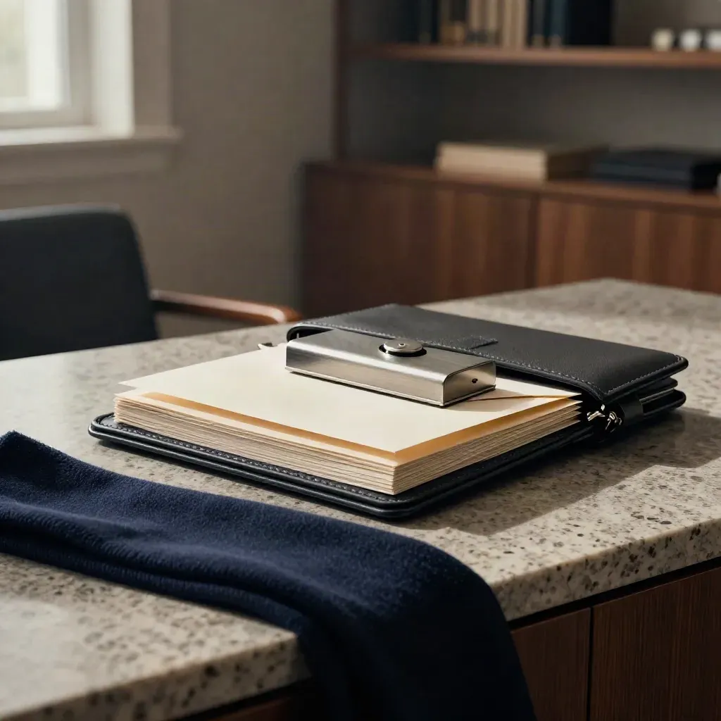 Charcoal review case with envelope, memo card, paperweight, and navy wrap on travertine.