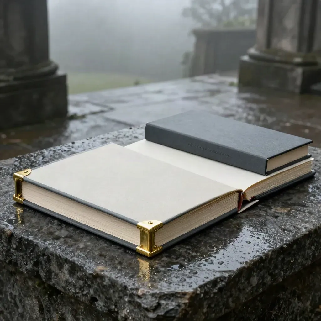Ivory investment folio with blank dividers on rain-dark stone at dawn, brass details glowing.