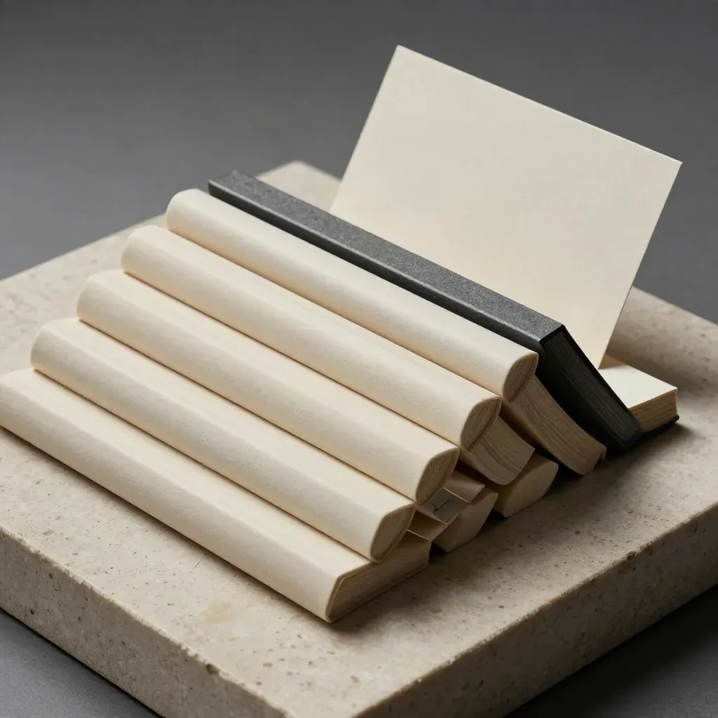 Six ivory bond volumes stepped on travertine with a stone wedge and metal divider.