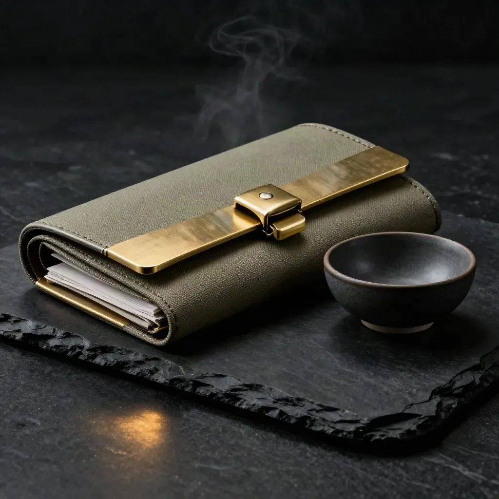 Charcoal portfolio half-open with brass clasp, fabric roll and ceramic bowl on black stone