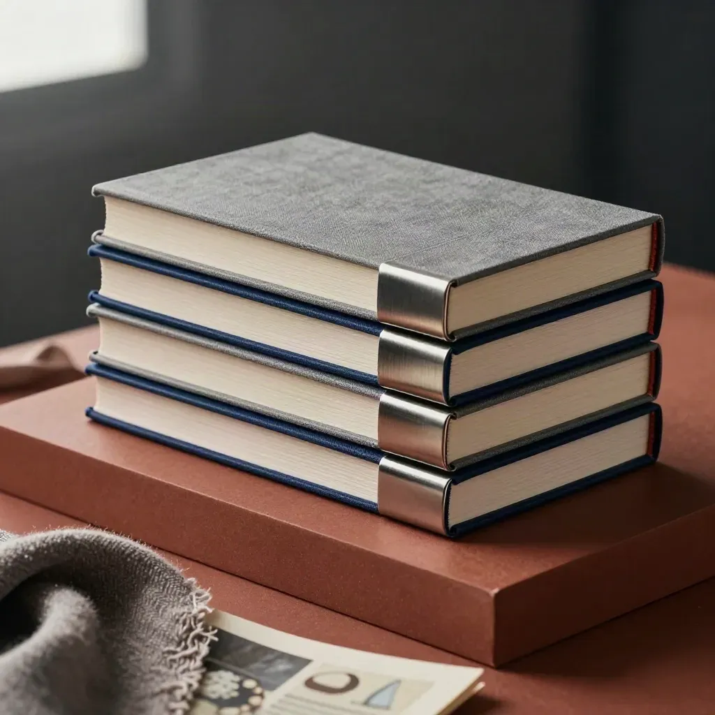 Four report volumes with a metal spine clamp stacked diagonally on a terracotta plinth.