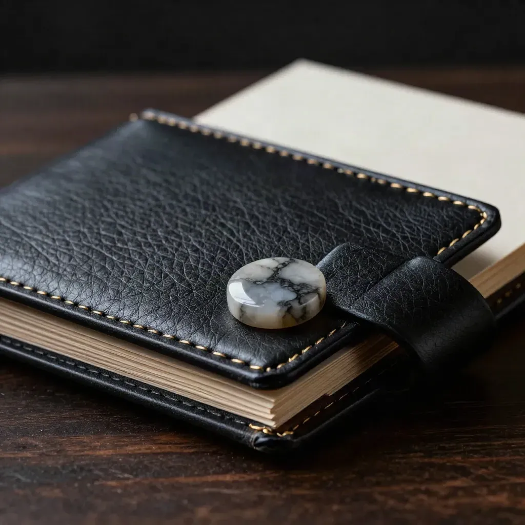 Charcoal leather consultation folio with stone token and folded card in gold rim light macro.
