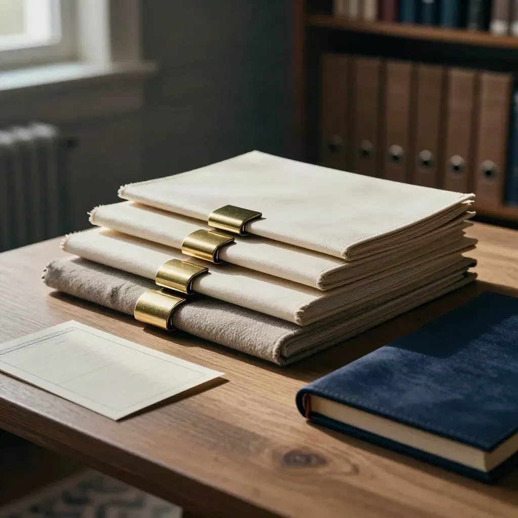 Three cream portfolio sleeves fanned on a pale oak bench in a hazy private library.