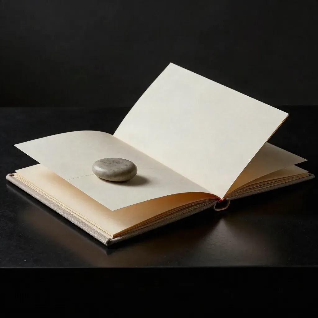 Ivory retirement folio opening on black surface with linen sleeve and stone weight