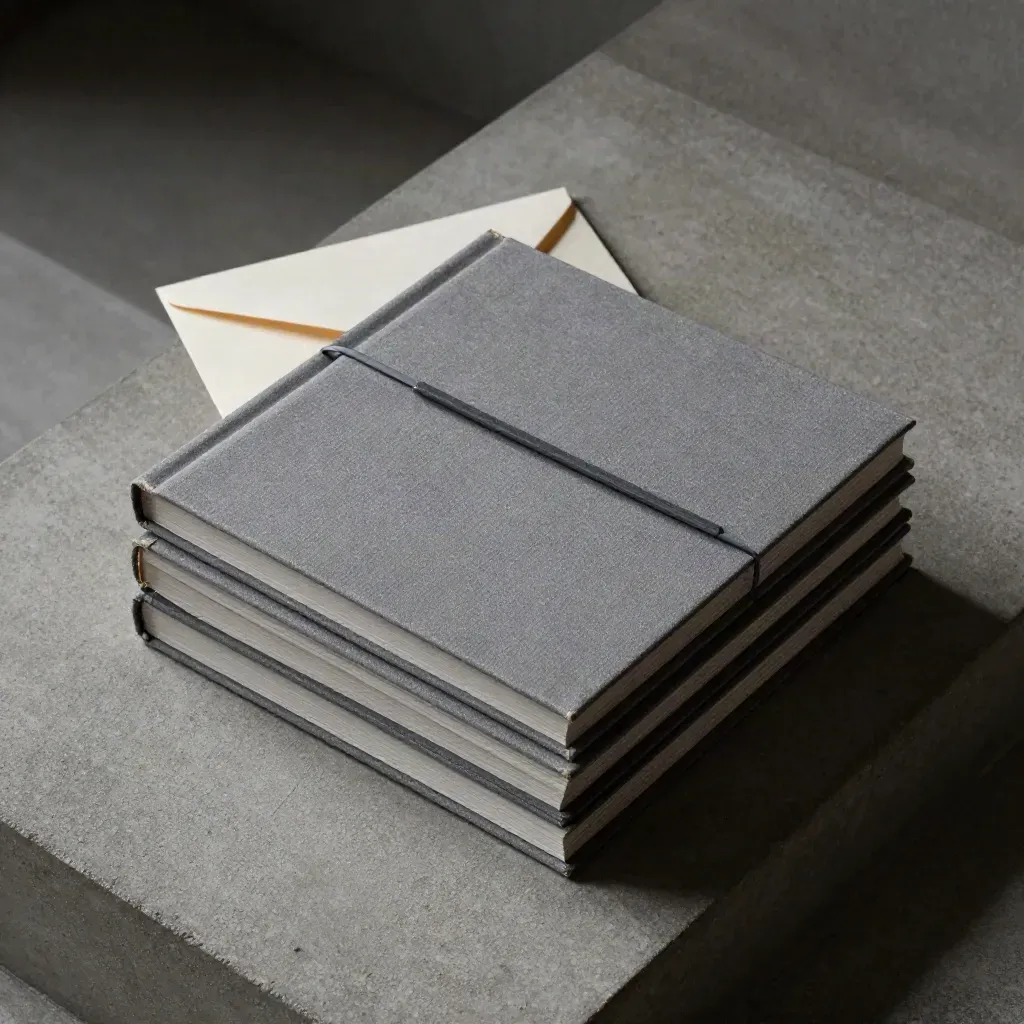 Graphite ledger volumes stepped with a slate marker and ivory envelope on concrete.