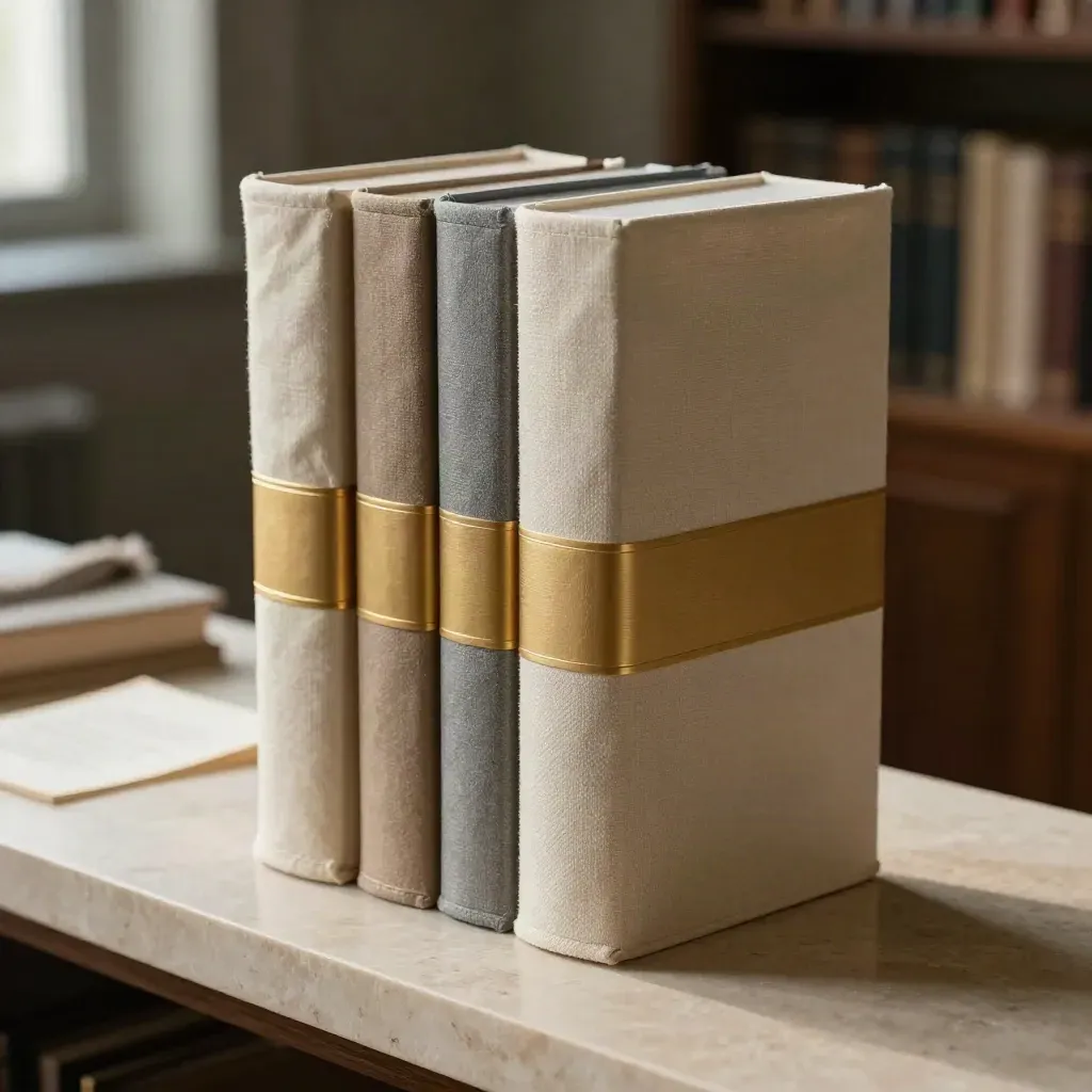 Six report volumes bound with a matte gold band on a limestone sideboard