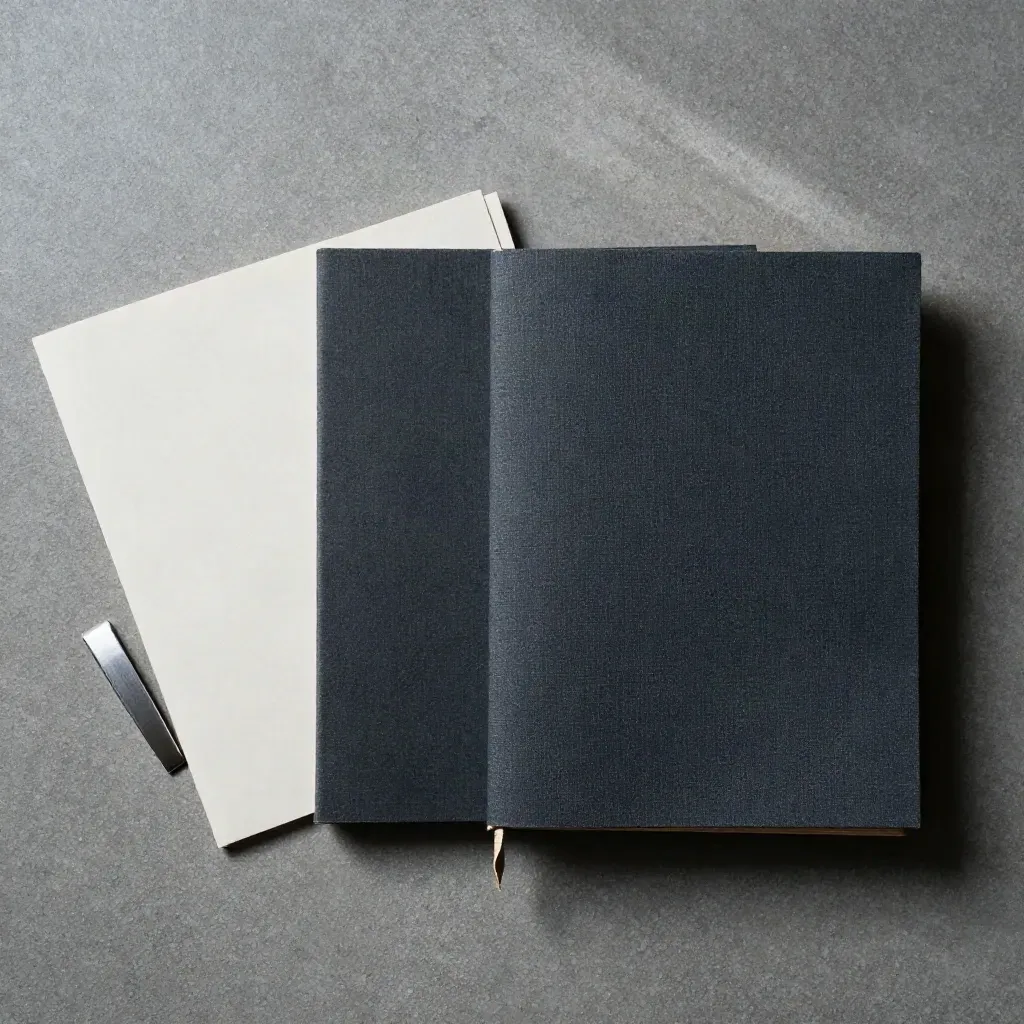 Overhead flat lay of memo folios, card sleeve and metal clip on cool concrete.