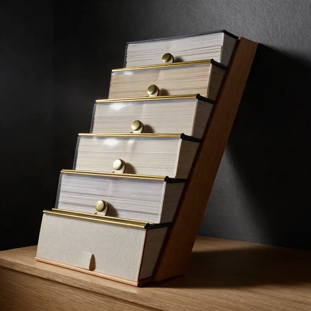 Stepped binders and cash sleeves on pale oak with brass dividers and a ceramic weight.