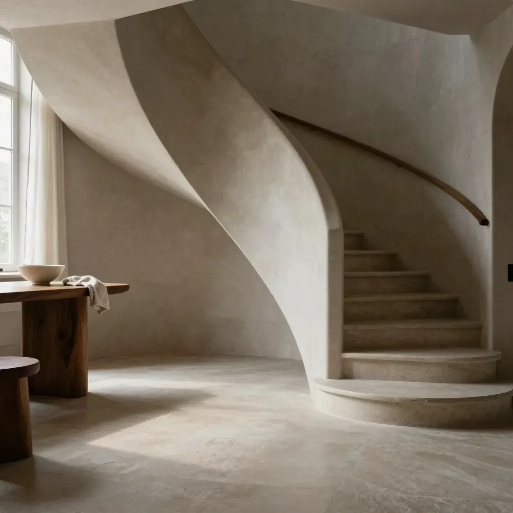 Limestone salon with linen drapes, curved stair and side table, calm floor for copy.