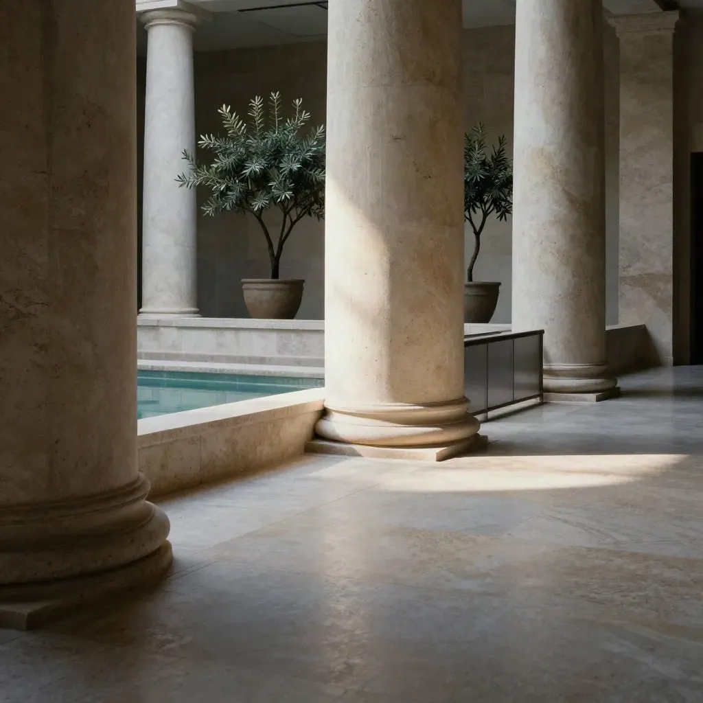 Sunlit stone atrium with columns and a reflective pool above a calm pale floor