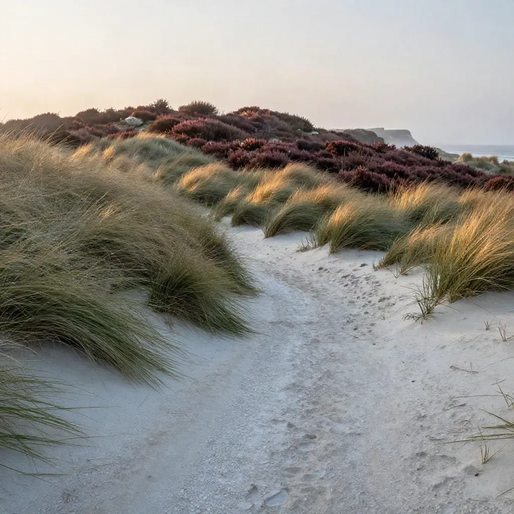 Windy coastal heath with chalk path, mist, and golden grass under dusk light.