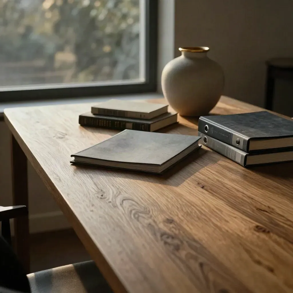 Oak tabletop with portfolio binders and ceramic vessel lit by evening window light.
