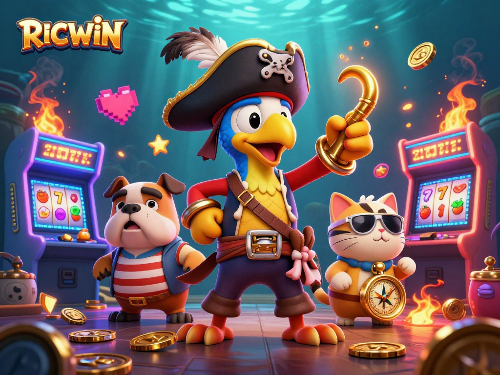 Play to win with RICWIN in this vibrant casino-themed 3D illustration showcasing adventure!