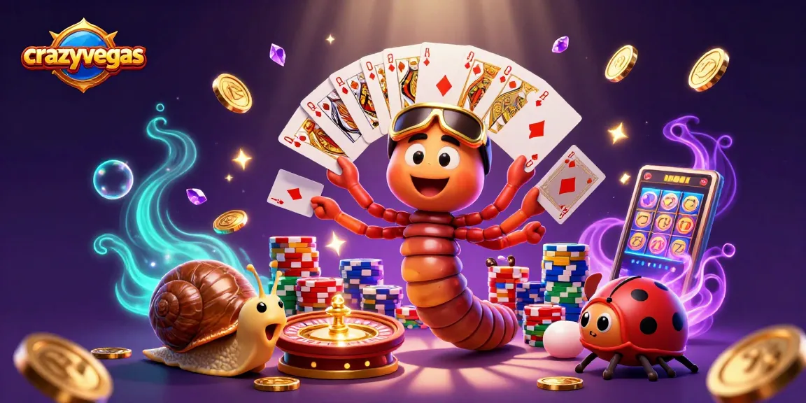 Play exciting games at crazyvegas with a colorful casino scene featuring animated characters and sparkling gems.