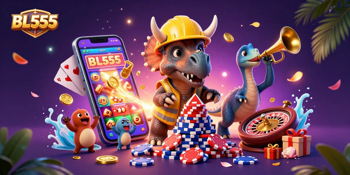 Celebrate gaming with BL555 as a triceratops builds poker chips amid colorful casino elements.