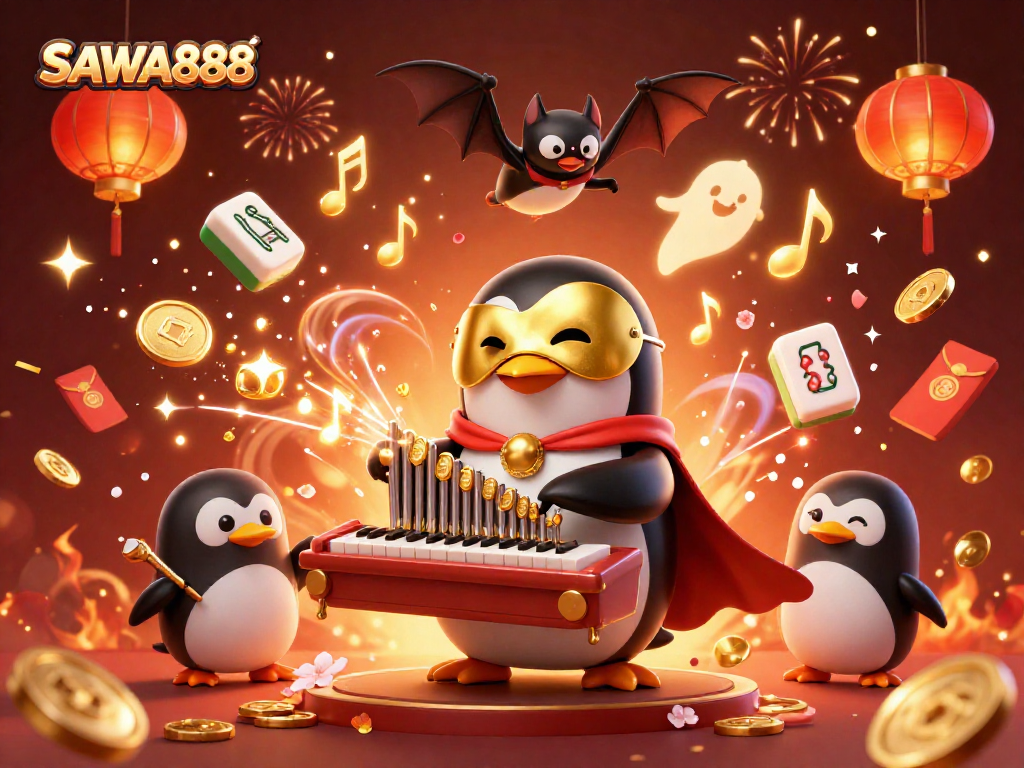 Experience winning moments at SAWA888 with a penguin playing enchanting melodies as coins rain down.