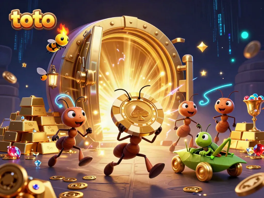 Engaging cartoon heist scene with ants and a grasshopper while exploring toto-themed casino treasures.