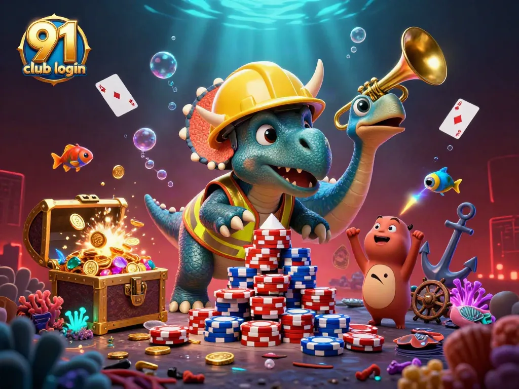 Cheerful scene showcasing 91 club login with triceratops building chips, celebrating gamers in vibrant casino atmosphere.