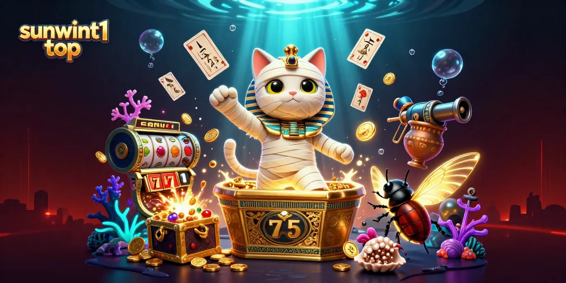 Join the excitement at sunwint1 top with a thrilling casino scene featuring a mummy cat amid colorful jackpot symbols.