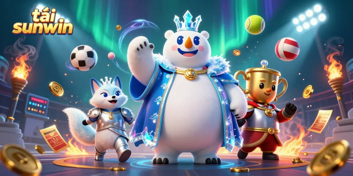 Bet on exciting moments with tải sunwin featuring a whimsical polar bear and fox surrounded by dynamic sports elements.