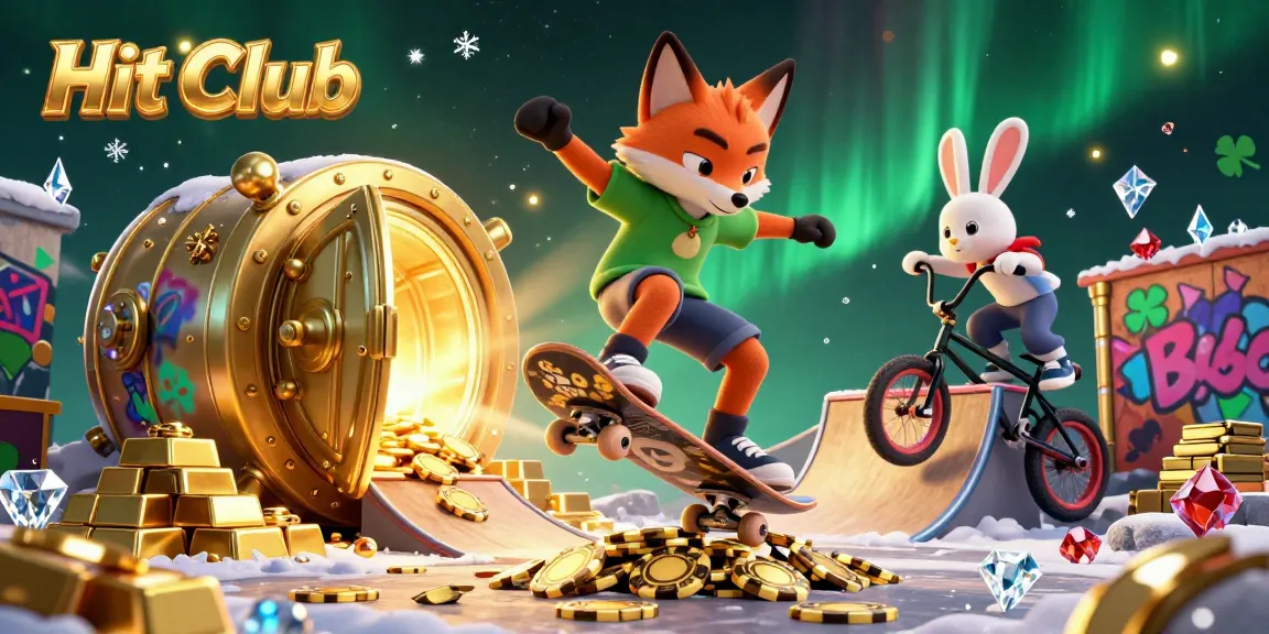 Experience the excitement at Hit Club with vibrant casino symbols and dynamic characters in this rich illustration.