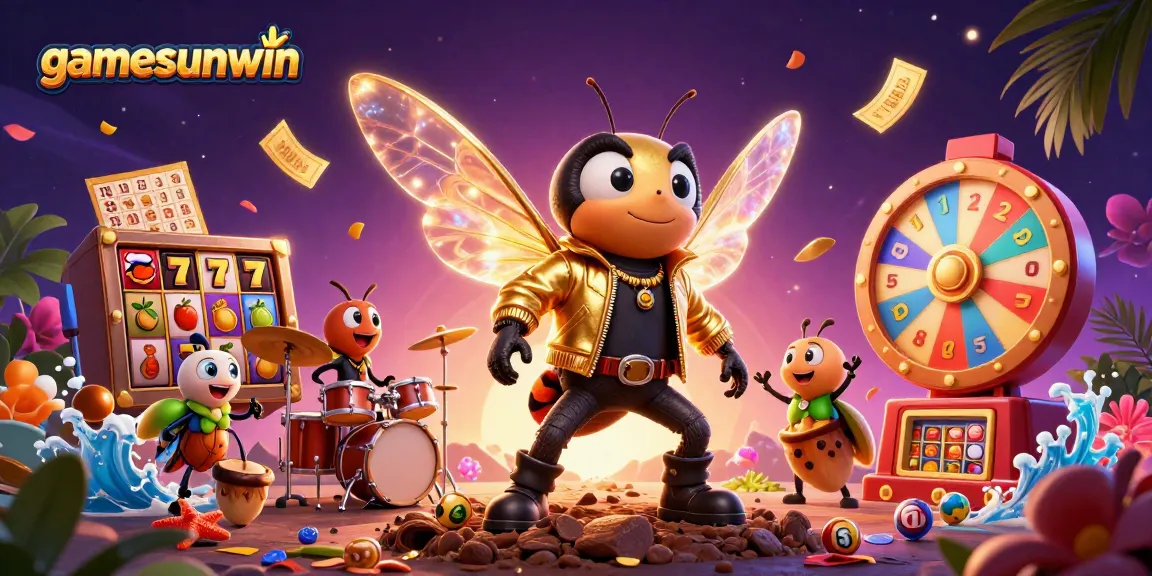 Experience gamesunwin excitement with a lively casino scene featuring a cicada rock star and vibrant gaming elements.
