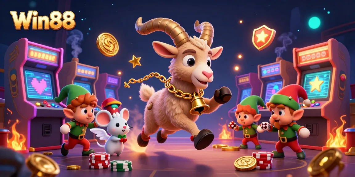 Experience the excitement of Win88 in a festive casino scene with Krampus and angelic characters.