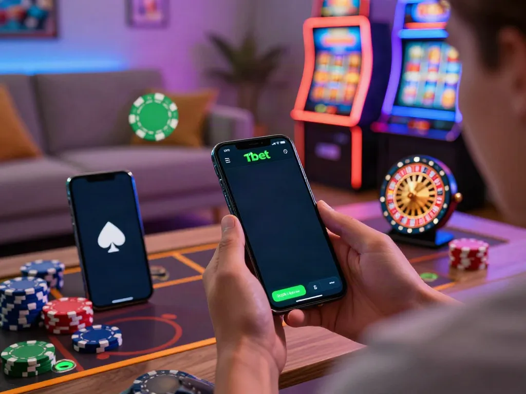 Engaged user exploring the 11bet app amidst vibrant gaming icons in a modern setting.