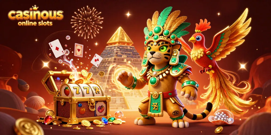 Win big with casinous online slots in this vibrant slot-themed illustration featuring Mayan characters and treasures.